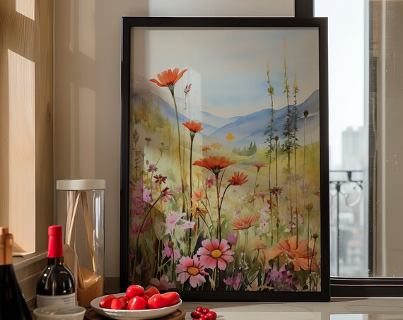 Wildflower Meadow Mountain Watercolor Painting Poster for Cheerful Homes