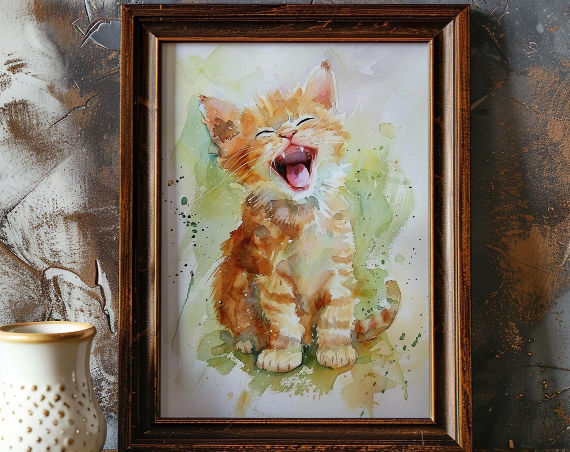 Orange Tabby Kitten Watercolor Laughing Playful Cat Art Poster - Image 5