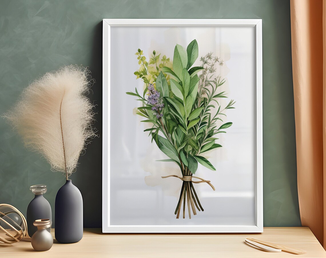 Fresh Green Kitchen Herbs Bouquet Watercolor Botanical Art Poster