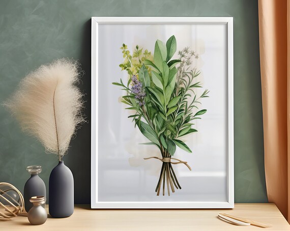 Fresh Green Kitchen Herbs Bouquet Watercolor Botanical Art Poster