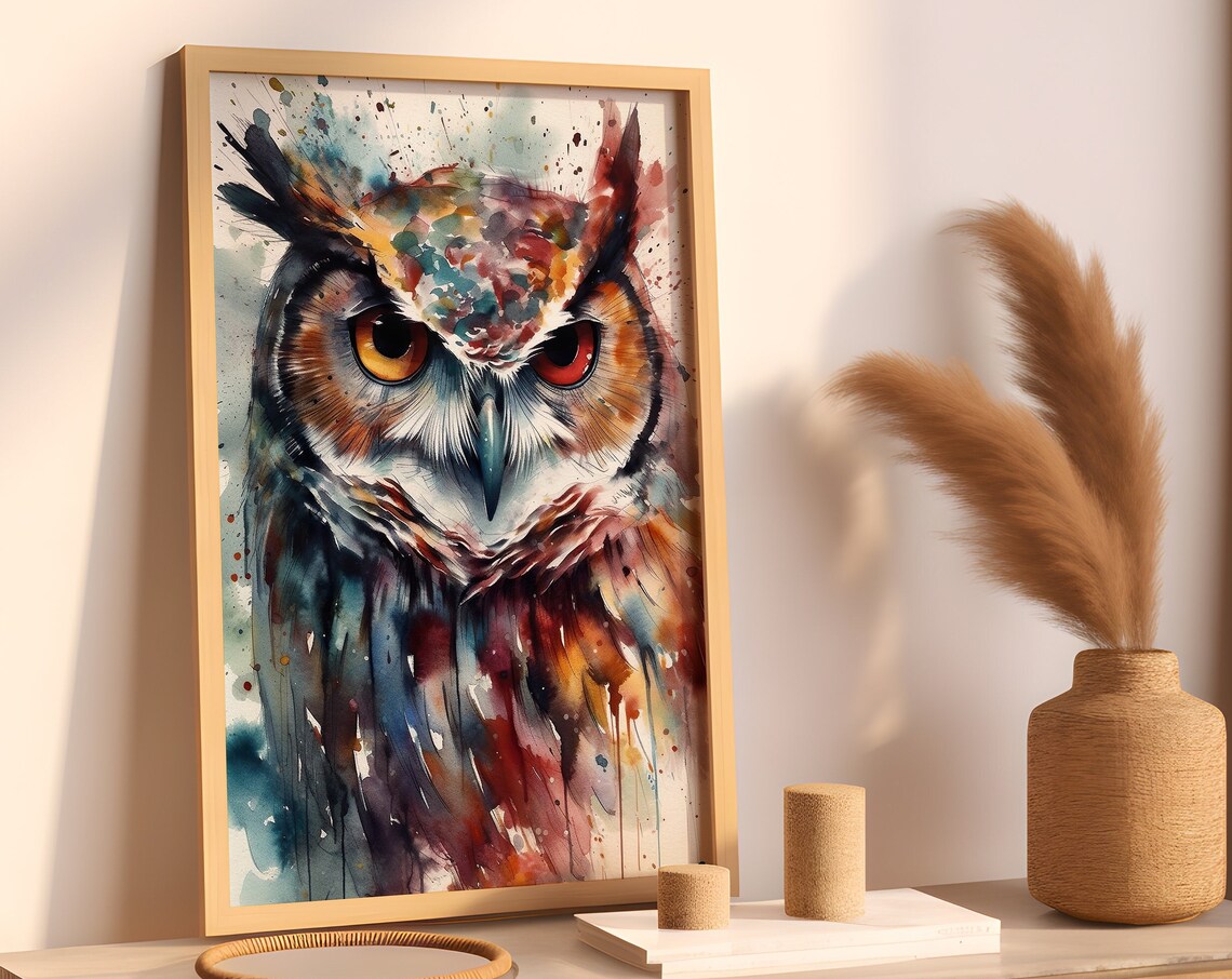 Great Horned Owl Colorful Watercolor Wildlife Portrait Poster