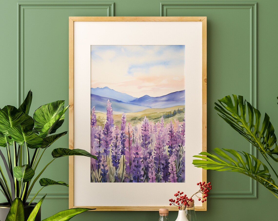 Lupine Field Watercolor Art Print, Minimalist Decor