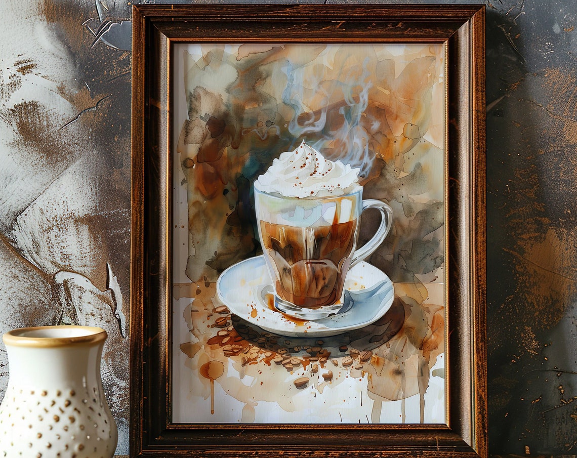 Steaming Latte Glass Watercolor Coffee Drink Cozy Scene Poster - Image 4