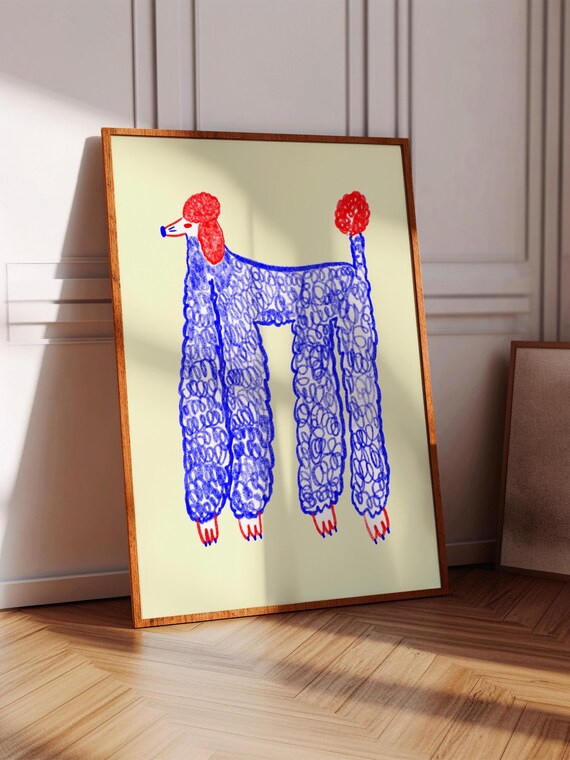 Blue Curly Poodle Red Topknot Fun Playful Dog Illustration Art Poster