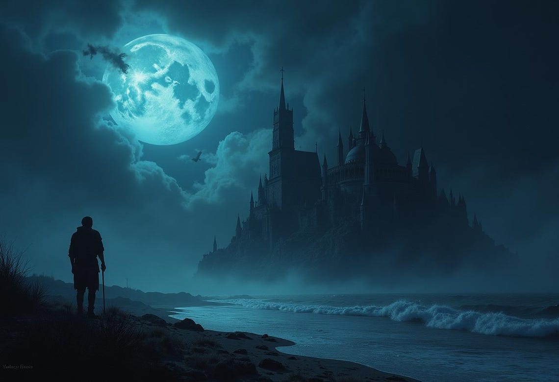 Mystical Castle At Night Full Moon Man Looking At Victorian Castle