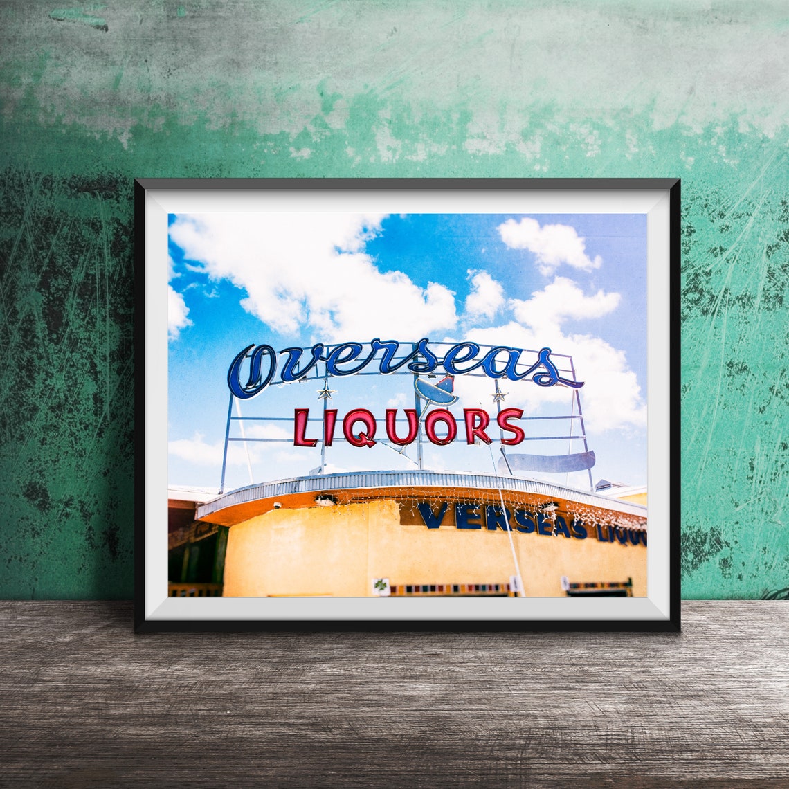 Overseas Liquors Vintage Rooftop Neon Sign Photography Poster