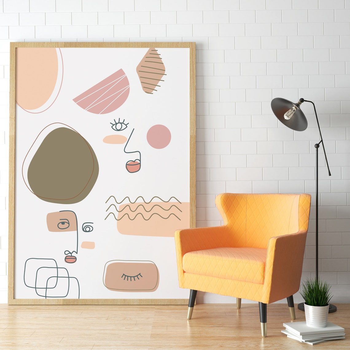 Abstract Line Art Faces Boho Pastel Mid Century Modern Decor Poster