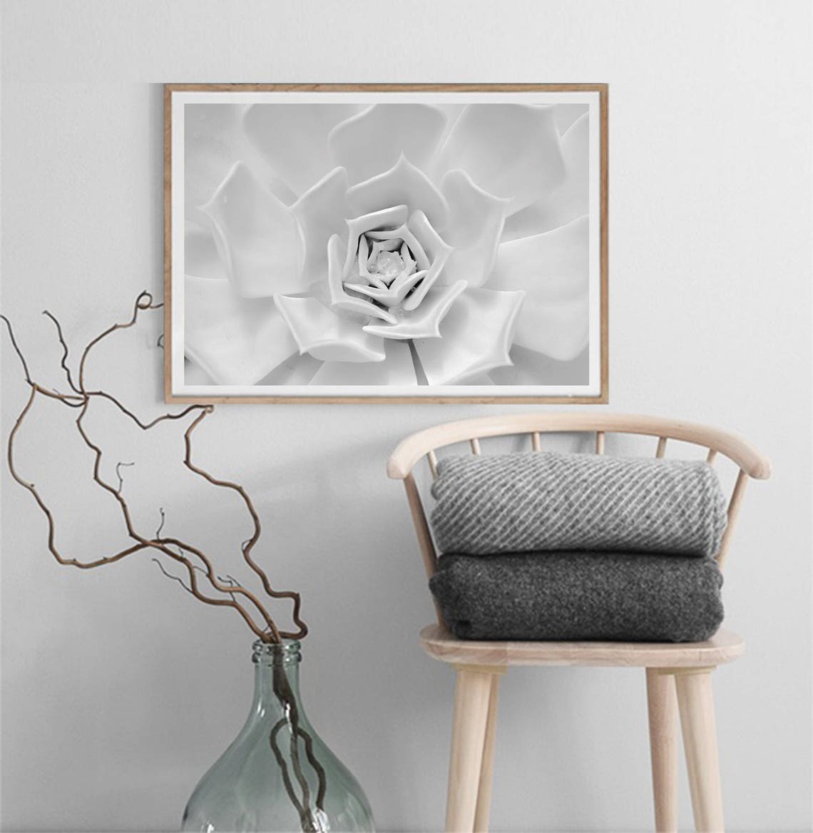 White Echeveria Succulent Macro Petals Black White Botanical Poster - Image 3