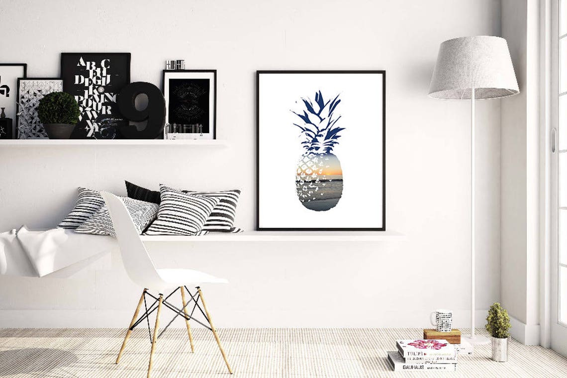 Pineapple Sunset Beach Scene Double Exposure Modern Art Print - Image 3