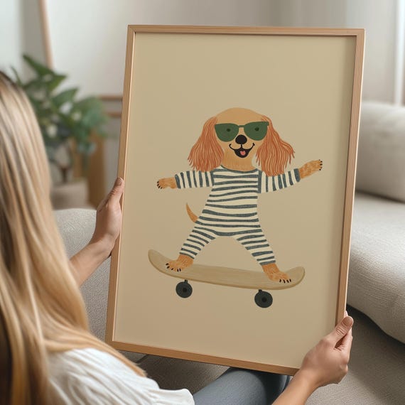 Skateboarding Dog Wall Art Cute Puppy In Striped Pajamas Nursery Decor Whimsical Animal Illustration