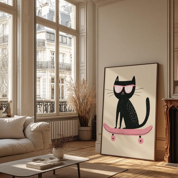 Skateboarding Cat Nursery Print, Retro Animal Decor