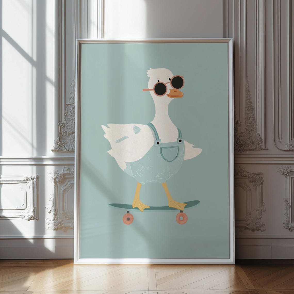 Cool Duck in Denim Overalls Riding Skateboard Kids Art Poster