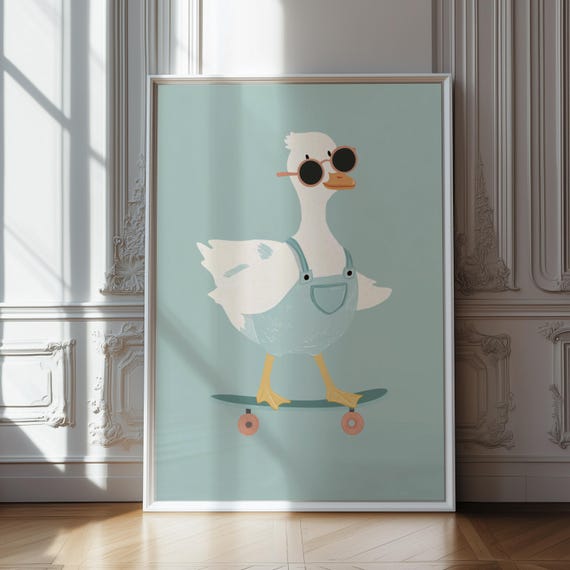 Cool Goose On Skateboard Art In Overalls And Sunglasses Whimsical Nursery Wall Decor Gender Neutral Kids Room