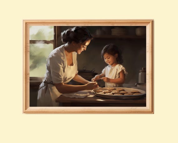 Mother And Child Baking Cookies, Vintage Kitchen Art