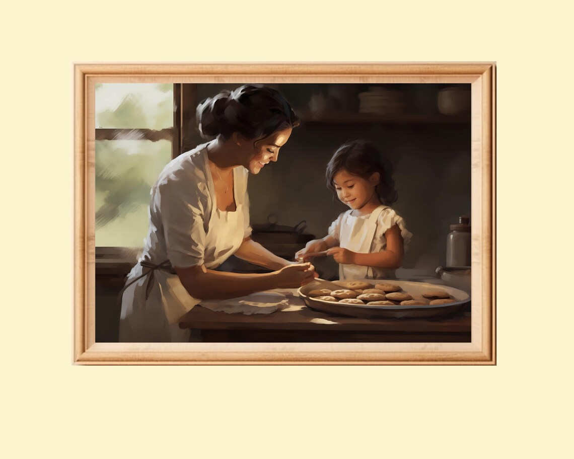 Mother And Child Baking Cookies, Vintage Kitchen Art