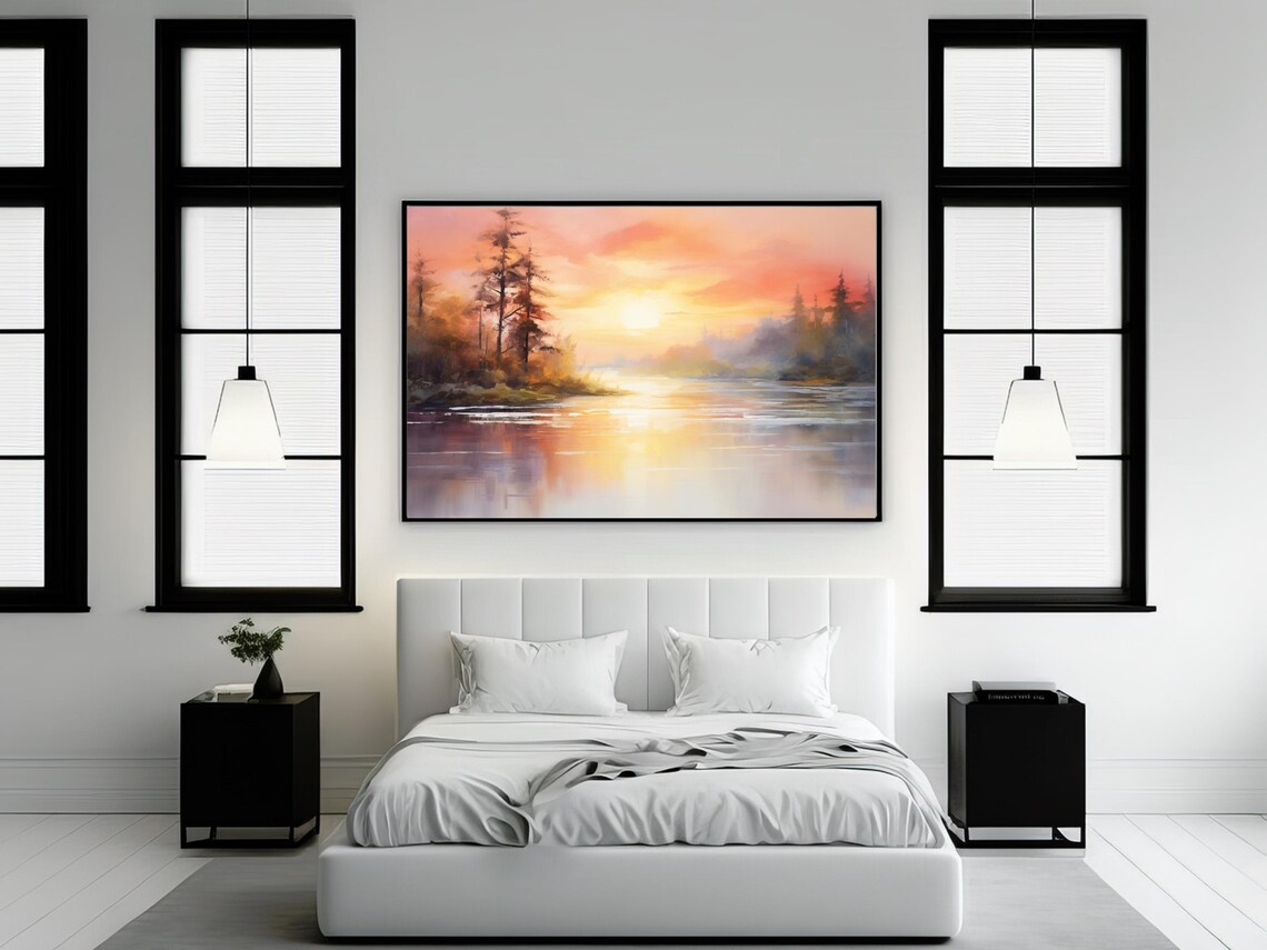 River At Sunrise, Tranquil Landscape Painting - Image 2