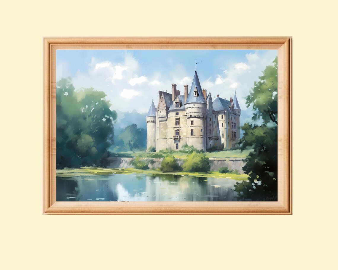 Vintage French Castle Painting, European Architecture