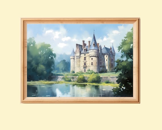 Vintage French Castle Painting, European Architecture