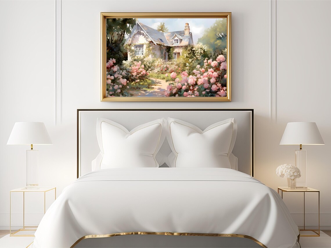 Pink Rose Garden Art Print, Cottagecore Landscape - Image 2