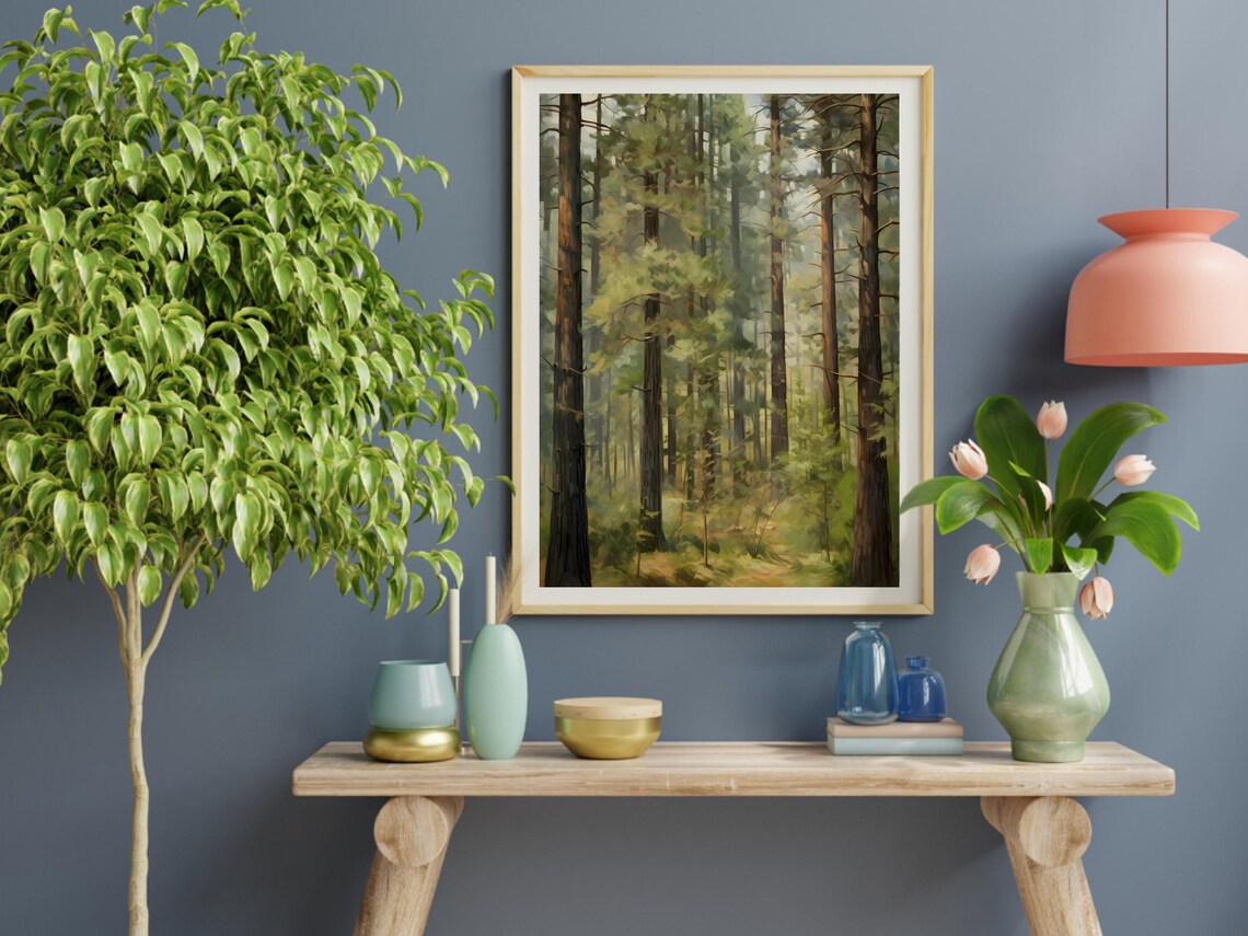 Pine Forest Vertical Landscape, Impressionist Art Print - Image 2
