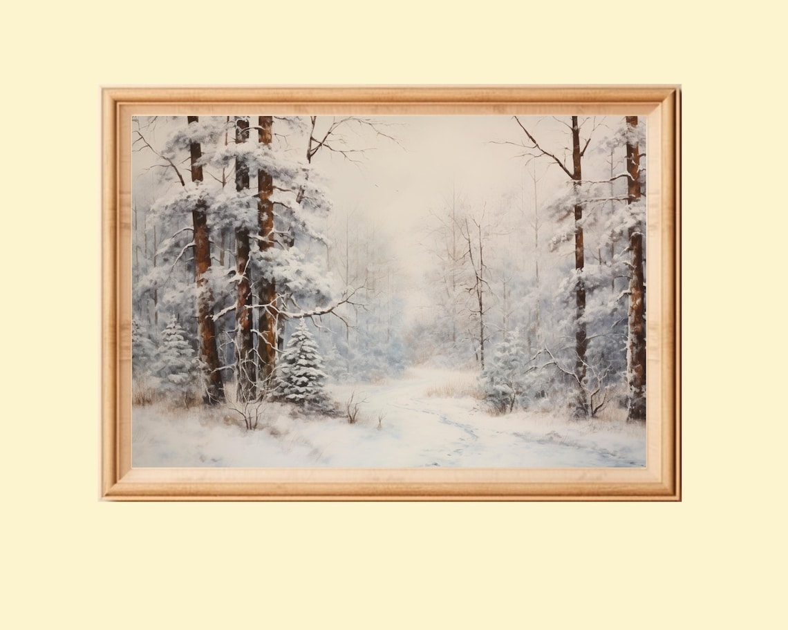 Snowy Winter Landscape Painting, Christmas Forest