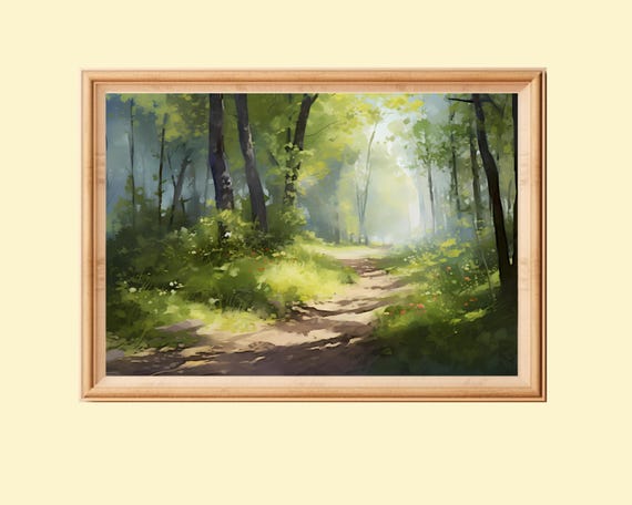 Spring Forest Path Art Print Green Landscape Painting Impressionist Wall Art Farmhouse Wall Decor Seasonal Room Decor Instant