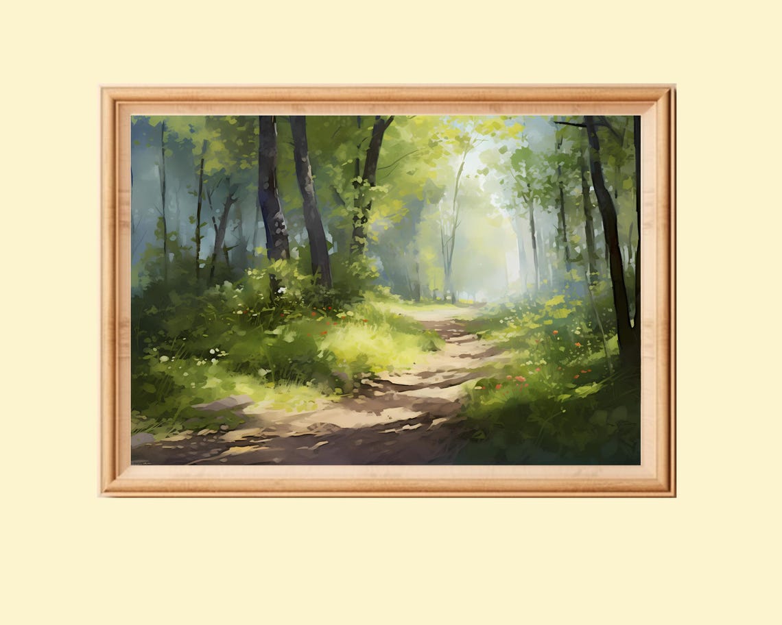 Spring Forest Path Art Print Green Landscape Painting Impressionist Wall Art Farmhouse Wall Decor Seasonal Room Decor Instant