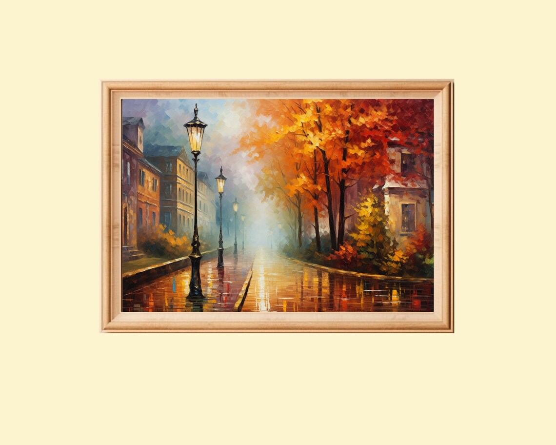 Rainy Cityscape, Colorful Impressionist Autumn Landscape