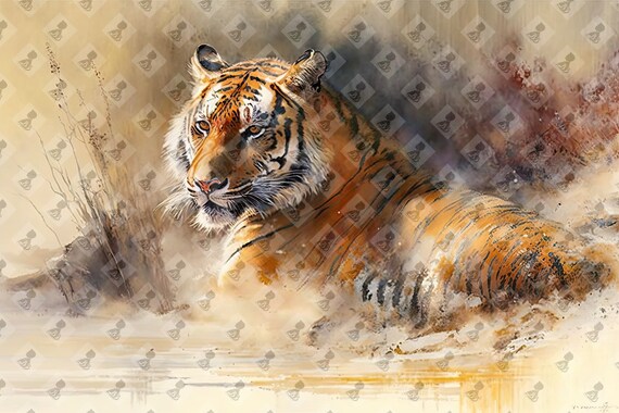Tiger Watercolor Orange Big Cat Grass Water Wildlife Wall Art