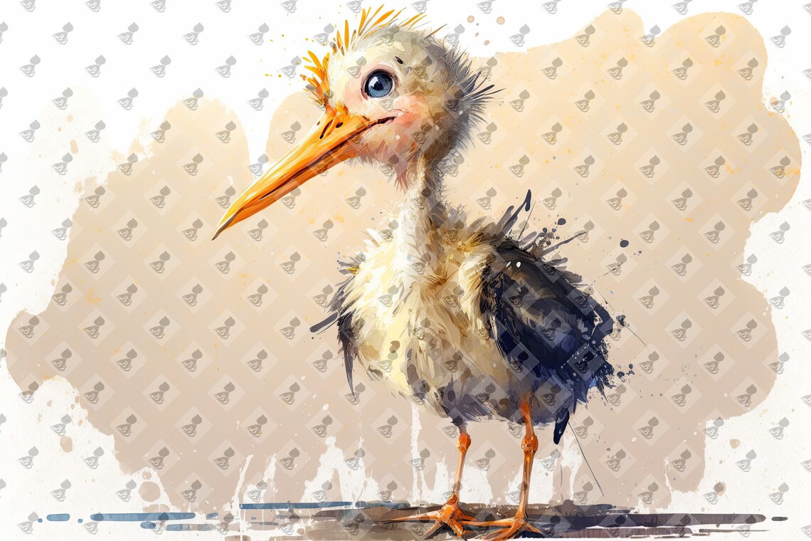 Cute Baby Stork Bird Watercolor Long Beak Nursery Animal Art Poster