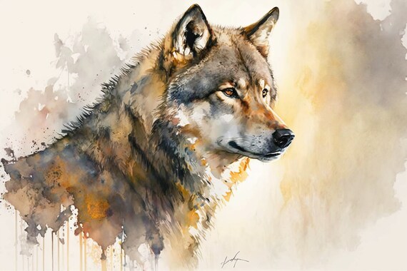 Wolf Watercolor Gray Head Profile Amber Eyes Wildlife Wall Art