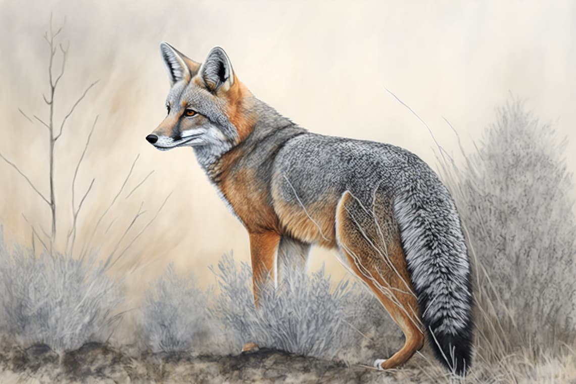 Gray Fox Watercolor Standing Golden Grass Woodland Animal Wall Art