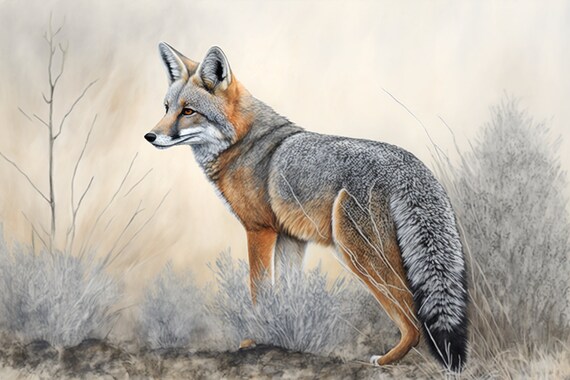 Gray Fox Watercolor Standing Golden Grass Woodland Animal Wall Art