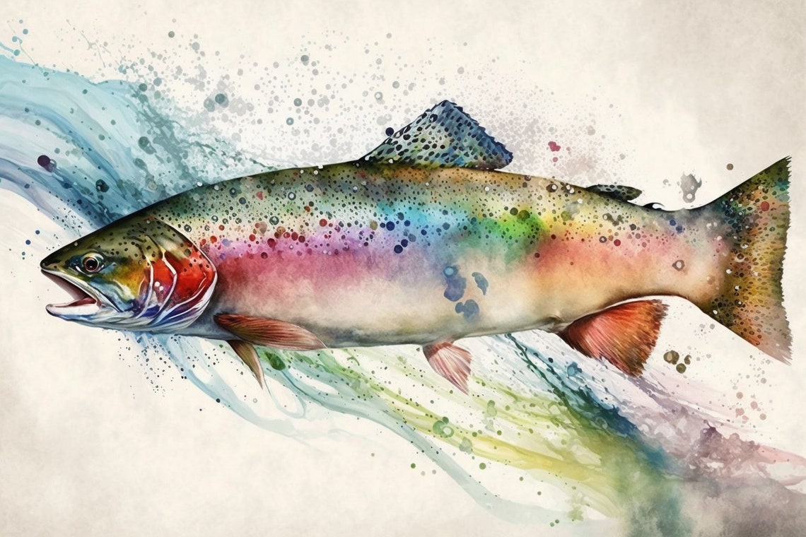 Rainbow Trout Watercolor Colorful Swimming Fish Wildlife Wall Art