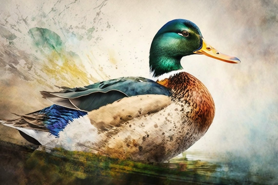 Mallard Duck Drake Green Head Watercolor Pond Bird Wall Art Poster