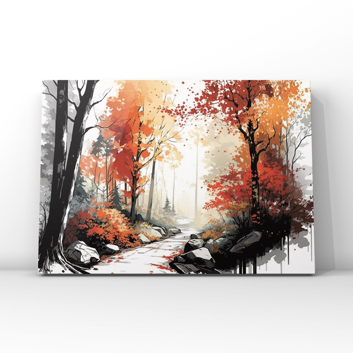 Autumn Forest Path Red Orange Trees Vivid Fall Landscape Wall Art