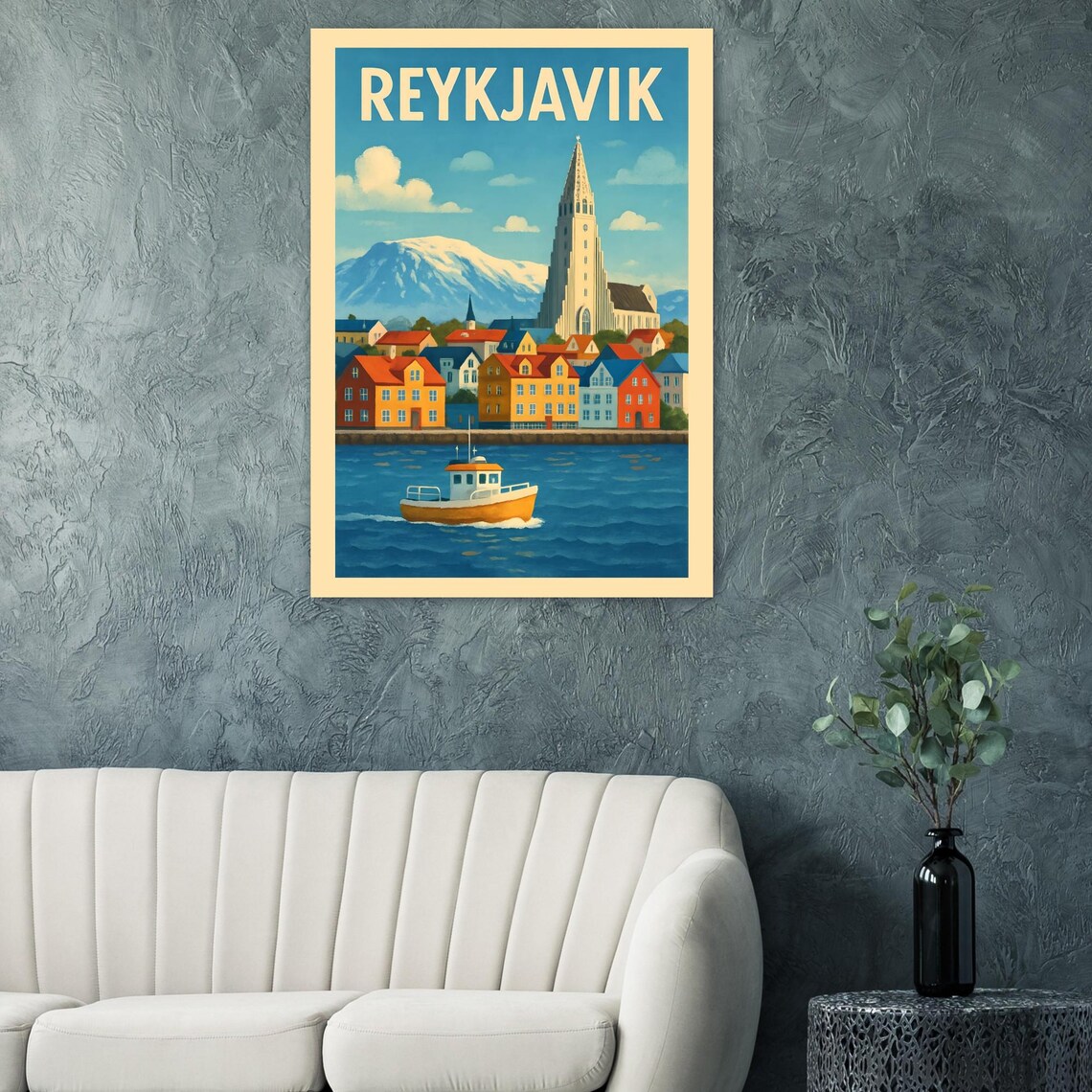 Reykjavik Iceland Vintage Travel Poster Hallgrimskirkja Harbor Scene