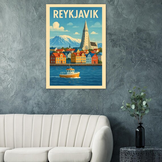 Reykjavik Iceland Vintage Travel Poster Hallgrimskirkja Harbor Scene