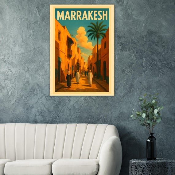 Marrakech Morocco Travel Poster Vintage Medina Street Wall Art Print