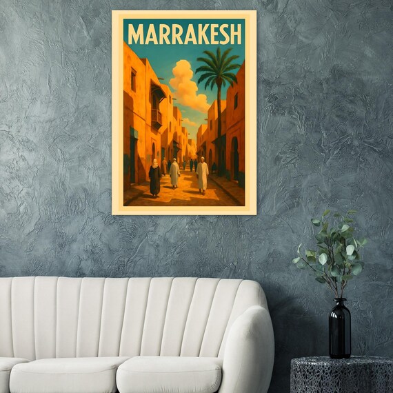 Marrakesh Morocco Vintage Travel Poster Medina Street Palm Sunset