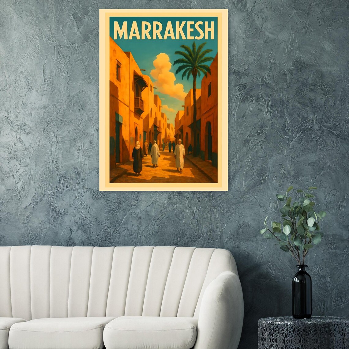 Marrakesh Morocco Vintage Travel Poster Medina Street Palm Sunset