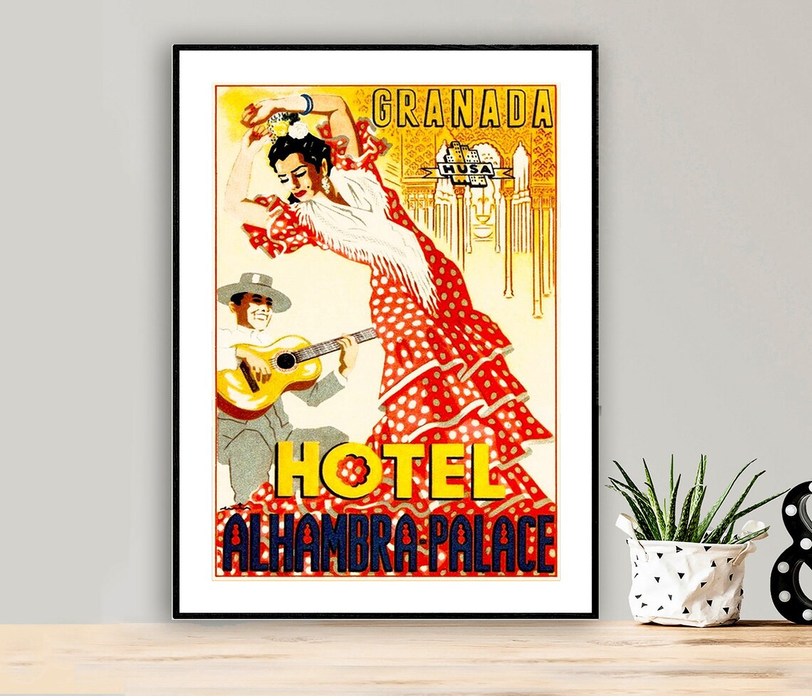 Granada Hotel Alhambra Palace Flamenco Dancer Vintage Poster