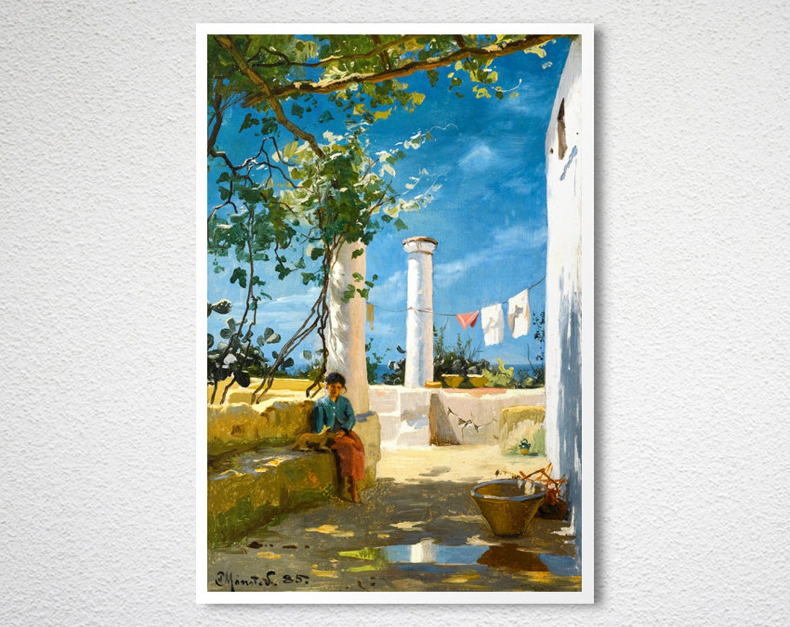 Mediterranean Courtyard Columns Grapevine Sunlit Painting Poster - Image 2