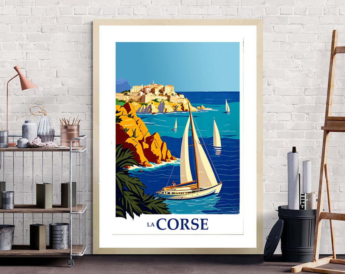 Corsica Sailboat Coastal Cliffs Vintage French Island Travel Poster - Image 2