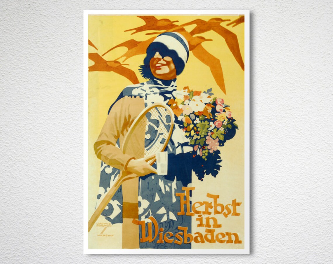 Herbst in Wiesbaden Autumn Vintage German Woman Tennis Poster - Image 2