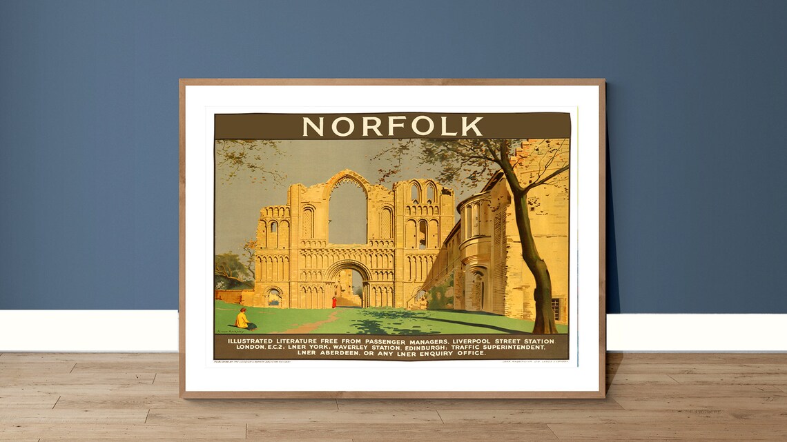 Norfolk England Abbey Ruins LNER Railway Vintage Travel Poster