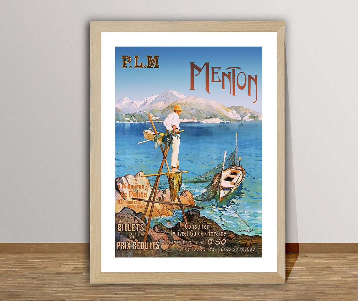 Menton French Riviera Fisherman Net Boat PLM Railway Travel Poster