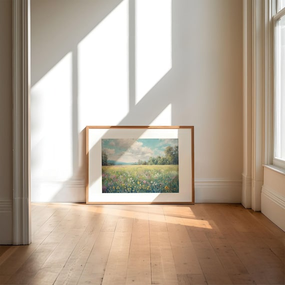Flower Field with Trees and Cloudy Sky Summer Landscape Poster