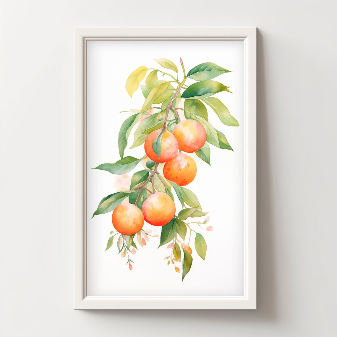 Orange Citrus Branch with White Blossoms Watercolor Wall Art