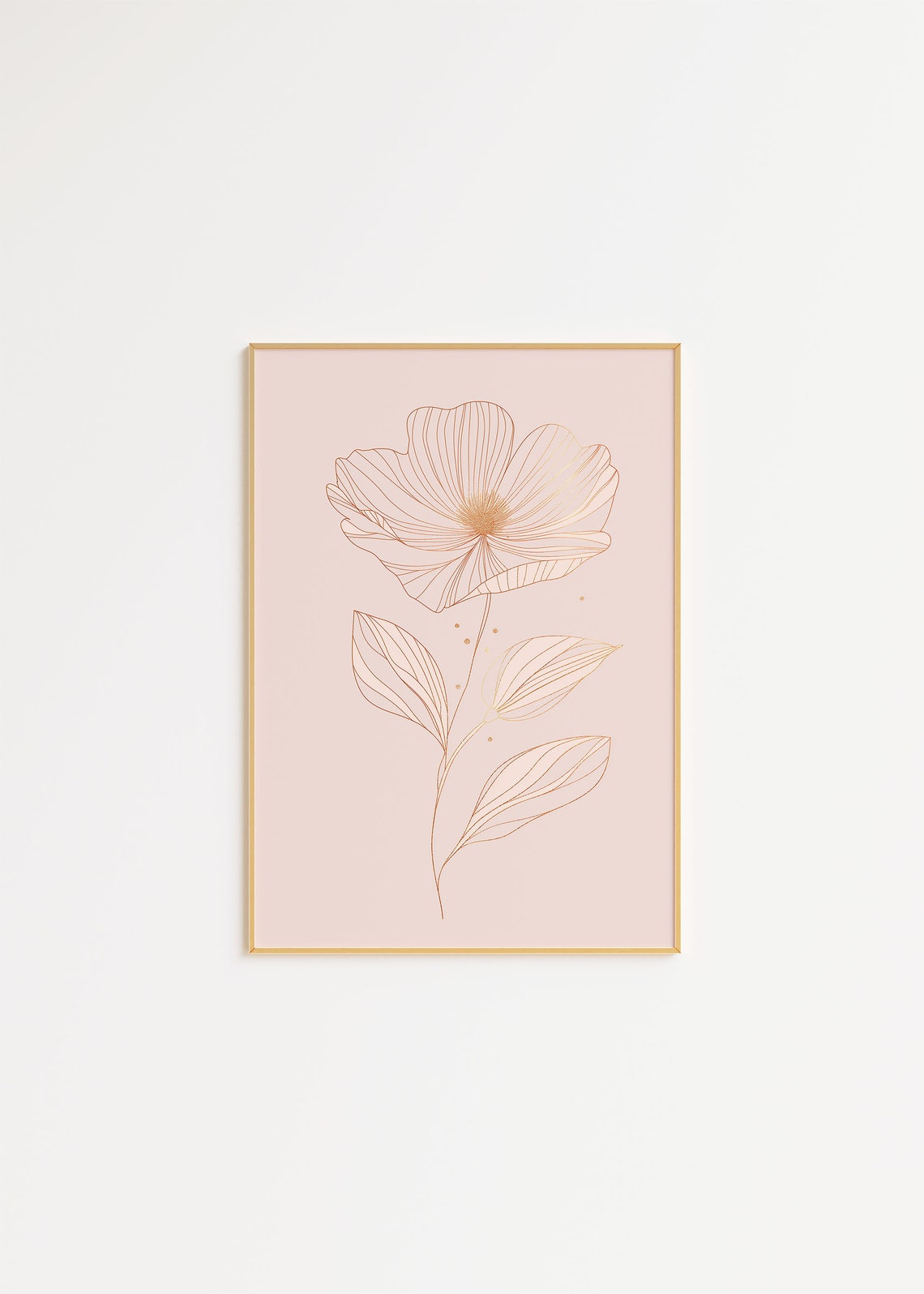 Gold Line Art Flower Drawing on Blush Pink Modern Elegant Wall Art